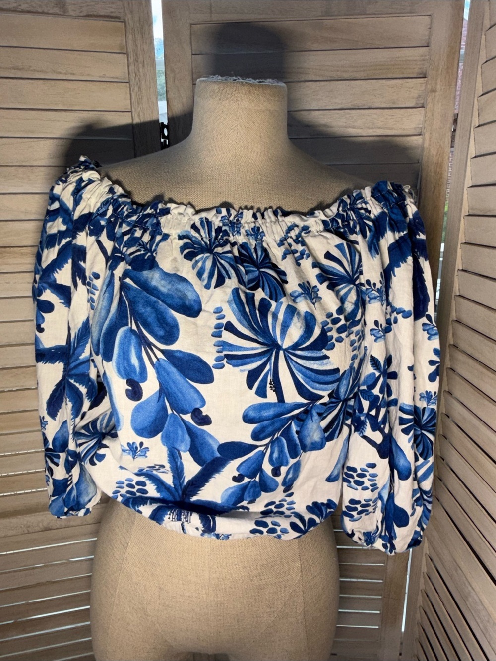Panama Jack Blue Floral Off Shoulder Linen Blend Peasant Crop Top XS EUC